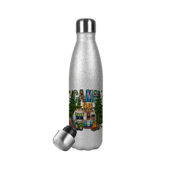 Camp Life, Μεταλλικό παγούρι θερμός Glitter Aσημένιο (Stainless steel), διπλού τοιχώματος, 500ml