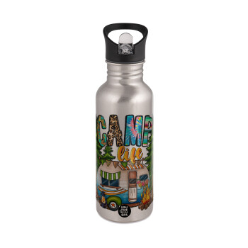 Camp Life, Water bottle Silver with straw, stainless steel 600ml