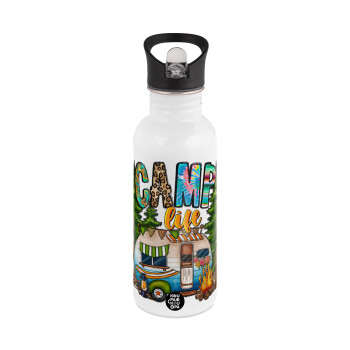 Camp Life, White water bottle with straw, stainless steel 600ml