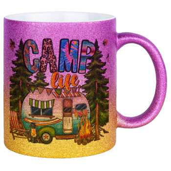 Camp Life, Κούπα Χρυσή/Ροζ Glitter, κεραμική, 330ml
