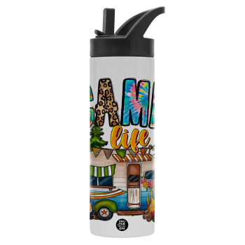 Camp Life, Μεταλλικό παγούρι θερμός με καλαμάκι & χειρολαβή, ανοξείδωτο ατσάλι (Stainless steel 304), διπλού τοιχώματος, 600ml