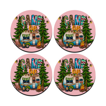 Camp Life, SET of 4 round wooden coasters (9cm)