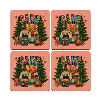 Camp Life, ΣΕΤ x4 Σουβέρ ξύλινα τετράγωνα plywood (9cm)