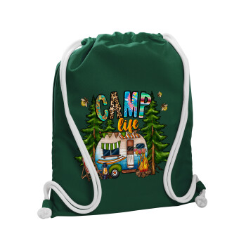 Camp Life, Τσάντα πλάτης πουγκί GYMBAG BOTTLE GREEN, με τσέπη (40x48cm) & χονδρά λευκά κορδόνια
