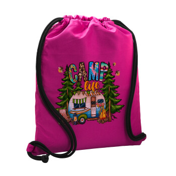 Camp Life, Backpack pouch GYMBAG Fuchsia, with pocket (40x48cm) & thick cords