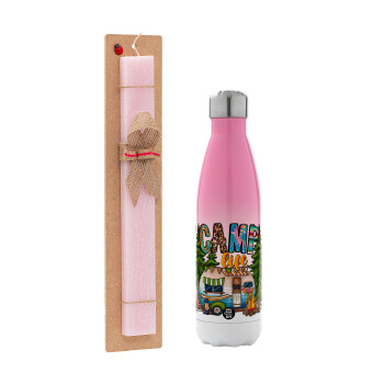 Camp Life, Easter Set, Metallic pink/white (Stainless steel) thermos, double-walled, 500ml & aromatic flat Easter candle (30cm) (PINK)