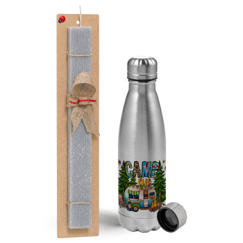 Camp Life, Easter Set, metallic Inox water bottle (750ml) & aromatic flat Easter candle (30cm) (GRAY)