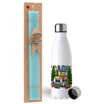 Camp Life, Easter Set, metallic stainless steel water bottle (750ml) & aromatic flat Easter candle (30cm) (TURQUOISE)