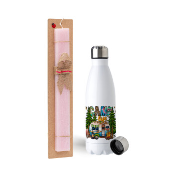 Camp Life, Easter Set, metallic stainless steel water bottle (750ml) & scented flat Easter candle (30cm) (PINK)