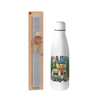 Camp Life, Easter Set, metallic stainless thermos bottle (500ml) & scented flat Easter candle (30cm) (GRAY)
