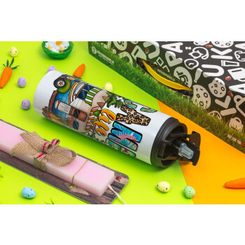 Camp Life, Easter candle,Travel Tumbler 2 Lids, with metal straw & cleaning brush & aromatic flat candle (30cm) (PINK)