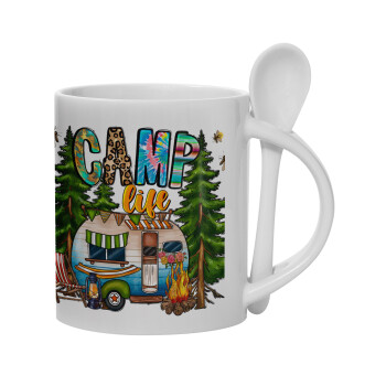 Camp Life, Ceramic coffee mug with Spoon, 330ml (1pcs)