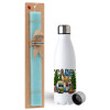 Easter Set, metallic stainless steel water bottle (750ml) & aromatic flat Easter candle (30cm) (TURQUOISE)