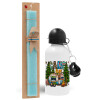 Easter Set, metallic aluminum water bottle (500ml) & scented flat candle (30cm) (TURQUOISE)