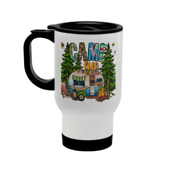 Camp Life, Κούπα ταξιδιού ανοξείδωτη με καπάκι, διπλού τοιχώματος (θερμό) λευκή 450ml