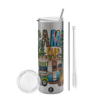 Camp Life, Eco friendly stainless steel Silver tumbler 600ml, with metal straw & cleaning brush