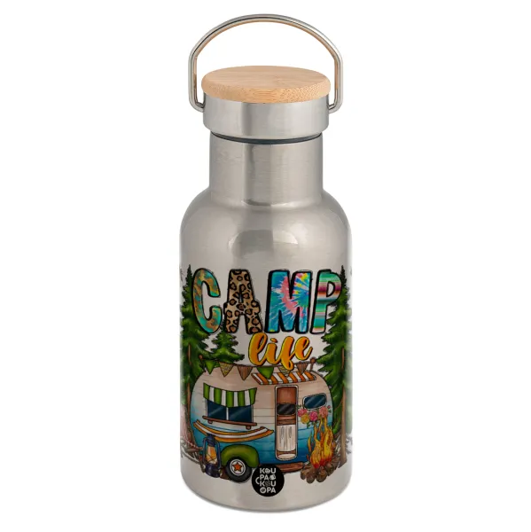 Camp Life — Stainless steel metallic thermos flask, silver with a bamboo lid, double-walled, 350ml.