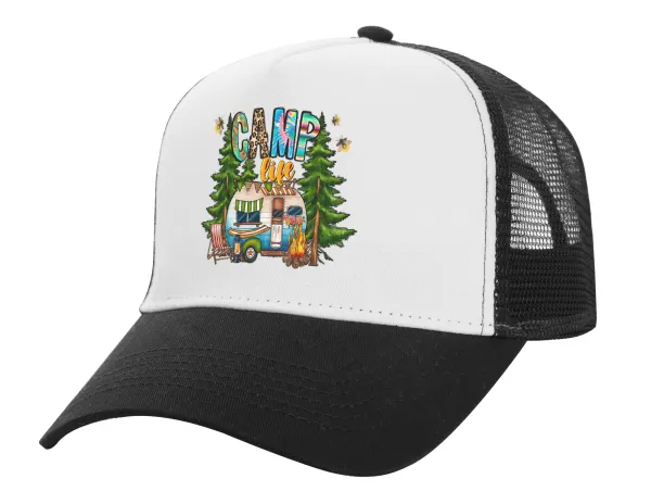Camp Life — Adult Structured Trucker Hat, with Mesh, WHITE/BLACK (100% COTTON, ADULT, UNISEX, ONE SIZE)