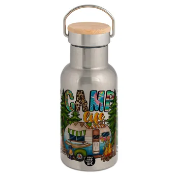 Camp Life, Stainless steel metallic thermos flask, silver with a bamboo lid, double-walled, 350ml.