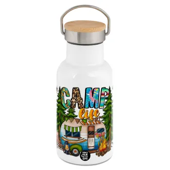 Camp Life, Μεταλλικό παγούρι θερμός (Stainless steel) Λευκό με ξύλινο καπακι (bamboo), διπλού τοιχώματος, 350ml