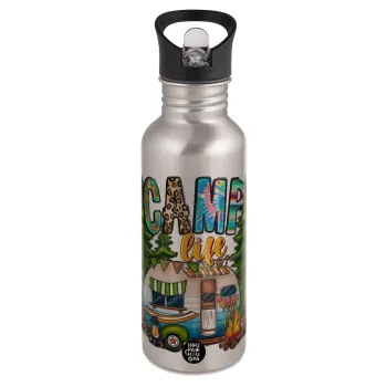 Camp Life, Water bottle Silver with straw, stainless steel 600ml
