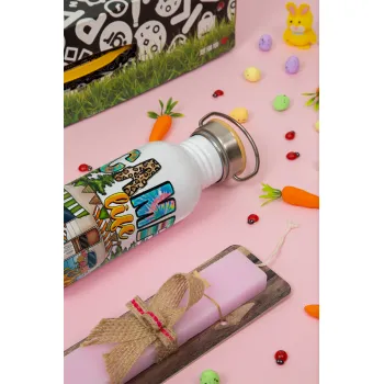 Camp Life, Πασχαλινή Λαμπάδα με παγούρι μεταλλικό (620ml, stainless steel) & κερί αρωματικό πλακέ (30cm) (ΡΟΖ)