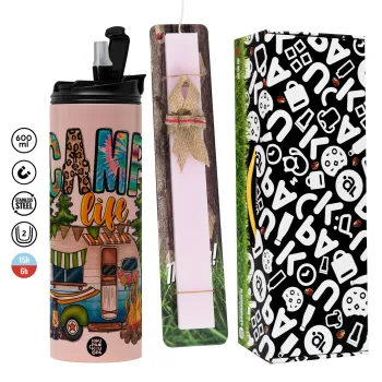 Camp Life, Easter candle,Travel Tumbler 2 Lids, with metal straw & cleaning brush & aromatic flat candle (30cm) (PINK)