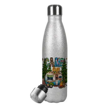 Camp Life, Metallic Glitter Silver Thermos Flask (Stainless steel), double-walled, 500ml