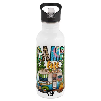Camp Life, White water bottle with straw, stainless steel 600ml