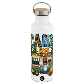 Camp Life, Μεταλλικό παγούρι θερμός (Stainless steel) Λευκό με ξύλινο καπάκι (bamboo), διπλού τοιχώματος, 750ml