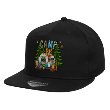 Camp Life, Καπέλο παιδικό Flat Snapback, Μαύρο (100% ΒΑΜΒΑΚΕΡΟ, ΠΑΙΔΙΚΟ, UNISEX, ONE SIZE)