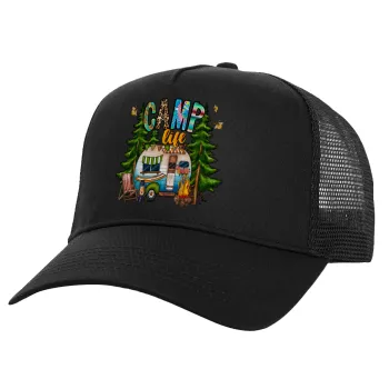Camp Life, Structured Trucker Adult Hat, with Mesh, Black (100% COTTON, ADULT, UNISEX, ONE SIZE)