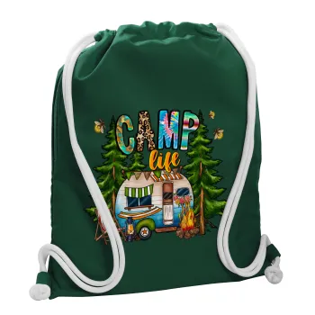 Camp Life, Τσάντα πλάτης πουγκί GYMBAG BOTTLE GREEN, με τσέπη (40x48cm) & χονδρά λευκά κορδόνια