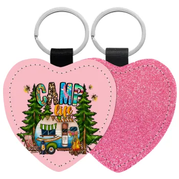 Camp Life, Μπρελόκ PU δερμάτινο glitter καρδιά ΡΟΖ