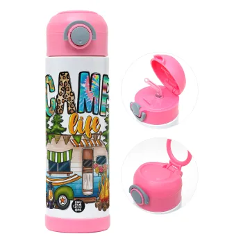 Camp Life, Παιδικό παγούρι θερμό, ανοξείδωτο, με καλαμάκι ασφαλείας, ΡΟΖ (500ml)