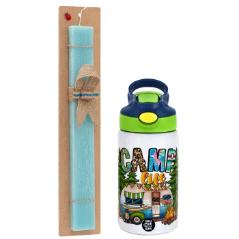 Camp Life, Easter Set, Children's thermal stainless steel bottle with safety straw, green/blue (350ml) & aromatic flat Easter candle (30cm) (TURQUOISE)