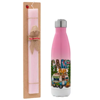 Camp Life, Easter Set, Metallic pink/white (Stainless steel) thermos, double-walled, 500ml & aromatic flat Easter candle (30cm) (PINK)