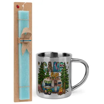 Camp Life, Easter Set, metallic thermal cup (300ml) & aromatic flat Easter candle (30cm) (TURQUOISE)
