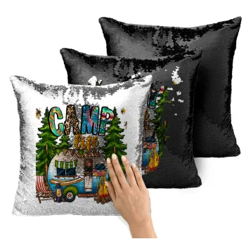 Camp Life, Μαξιλάρι καναπέ Μαγικό Μαύρο με πούλιες 40x40cm περιέχεται το γέμισμα