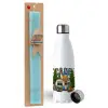 Easter Set, metallic stainless steel water bottle (750ml) & aromatic flat Easter candle (30cm) (TURQUOISE)