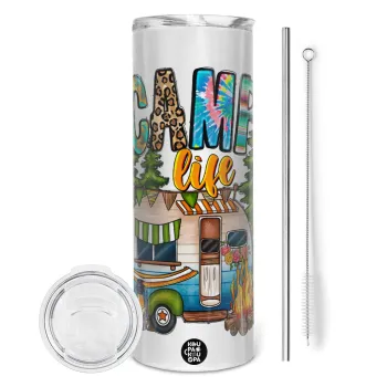 Camp Life, Tumbler ποτήρι θερμό από ανοξείδωτο ατσάλι 600ml, με μεταλλικό καλαμάκι & βούρτσα καθαρισμού