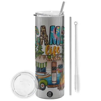 Camp Life, Tumbler ποτήρι θερμό Ασημένιο από ανοξείδωτο ατσάλι 600ml, με μεταλλικό καλαμάκι & βούρτσα καθαρισμού