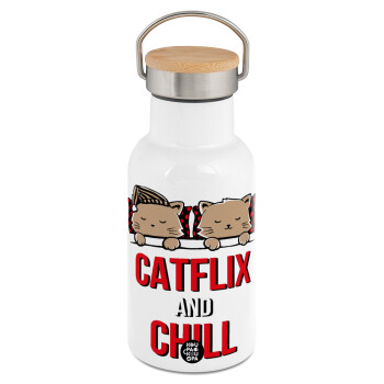 Catflix and Chill, Μεταλλικό παγούρι θερμός (Stainless steel) Λευκό με ξύλινο καπακι (bamboo), διπλού τοιχώματος, 350ml