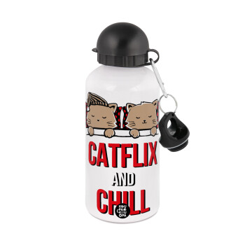 Catflix and Chill, Metal water bottle, White, aluminum 500ml