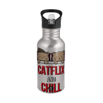 Catflix and Chill, Παγούρι νερού Ασημένιο με καλαμάκι, ανοξείδωτο ατσάλι 500ml