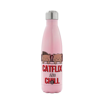 Catflix and Chill, Μεταλλικό παγούρι θερμός Ροζ Ιριδίζον (Stainless steel), διπλού τοιχώματος, 500ml