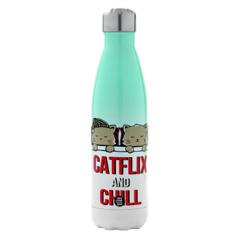 Catflix and Chill, Μεταλλικό παγούρι θερμός Πράσινο/Λευκό (Stainless steel), διπλού τοιχώματος, 500ml