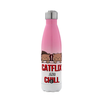 Catflix and Chill, Μεταλλικό παγούρι θερμός Ροζ/Λευκό (Stainless steel), διπλού τοιχώματος, 500ml