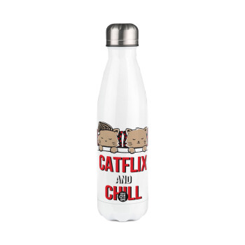Catflix and Chill, Μεταλλικό παγούρι θερμός Λευκό (Stainless steel), διπλού τοιχώματος, 500ml