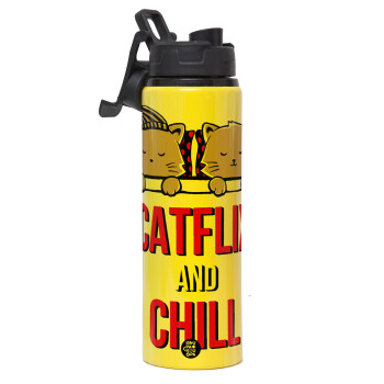 Catflix and Chill, Μεταλλικό παγούρι νερού με καπάκι ασφαλείας, αλουμινίου 850ml
